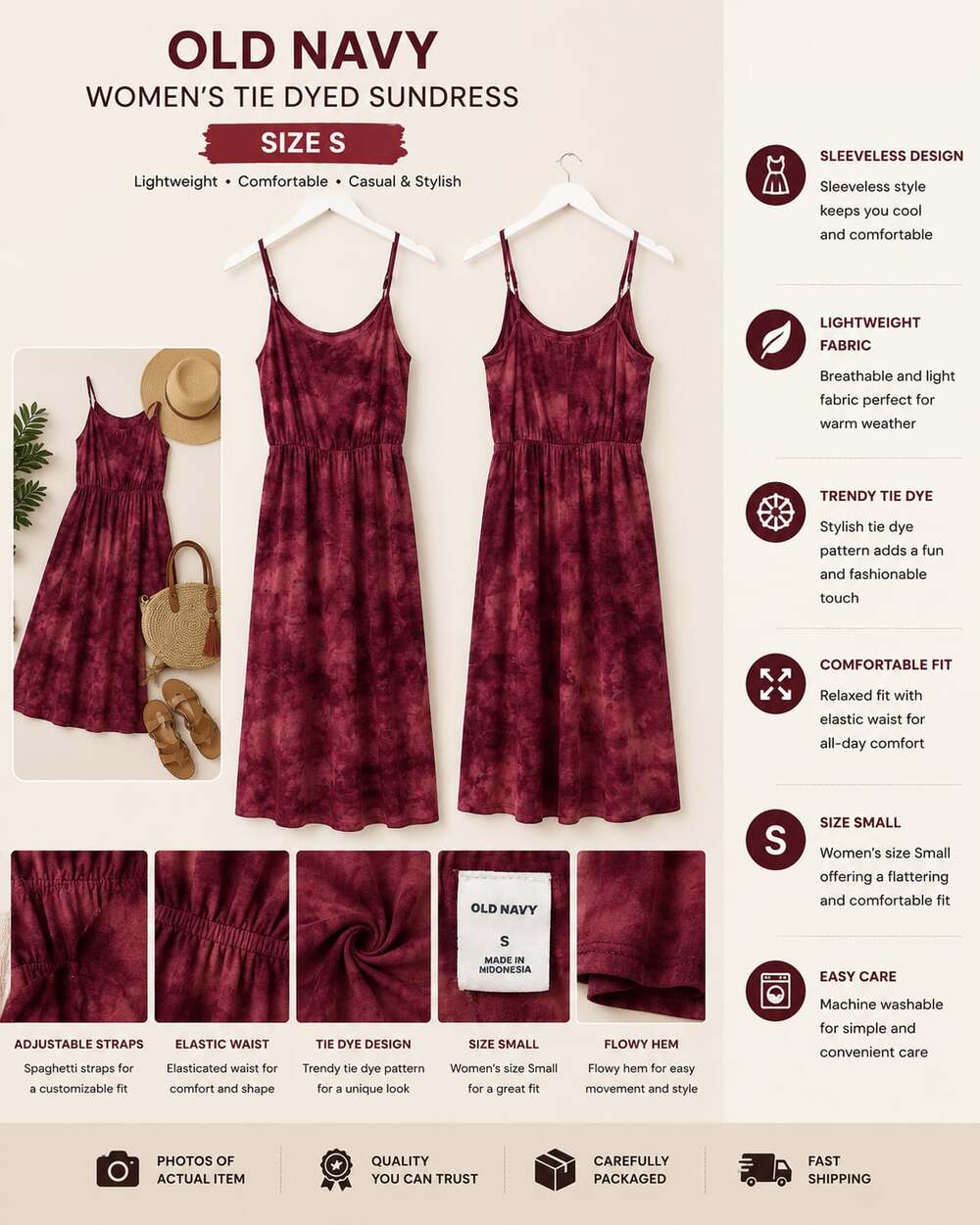 Old Navy Women's Burgundy Tie Dye Spaghetti Strap Sundress